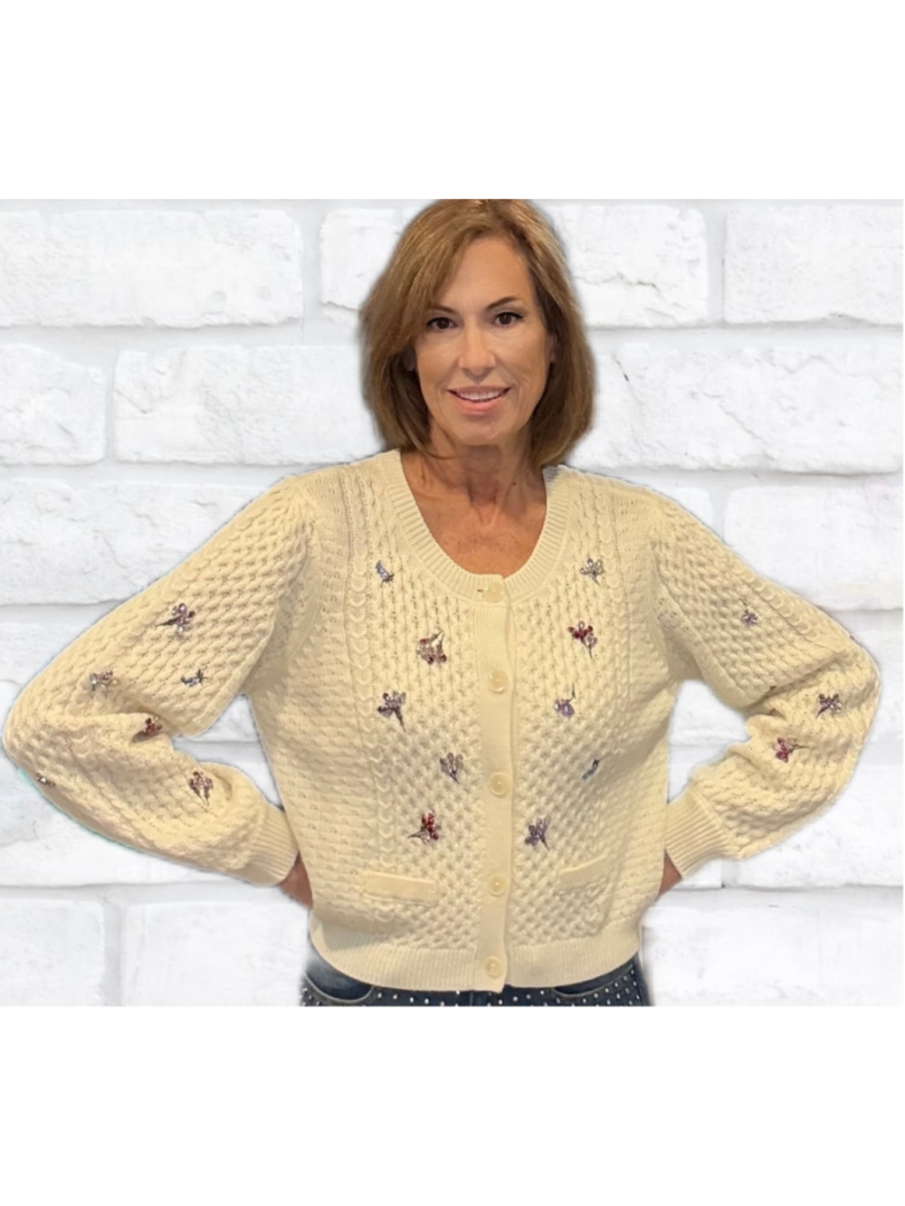 Cinq a Sept Rasa Embellished Cable Knit Cardigan Ivory Multi Size Large NWT - Picture 3 of 8